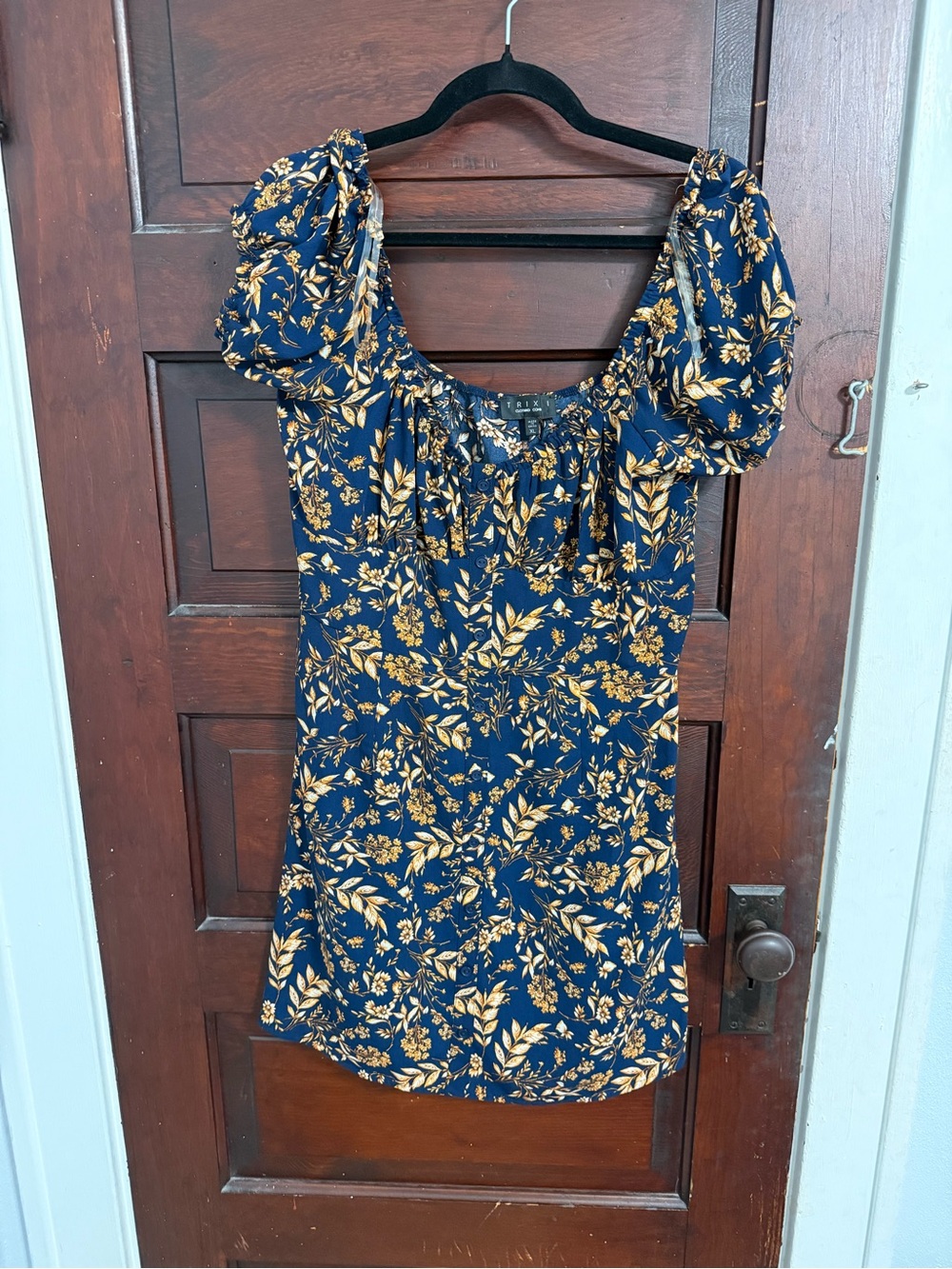 Trixxi Navy and Gold Floral Puff-Sleeve Mini Dress